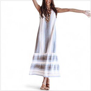 J. Jill Cream Blue Embroidered Tiered Aztec Boho Maxi Sundress Dress NWT New XS